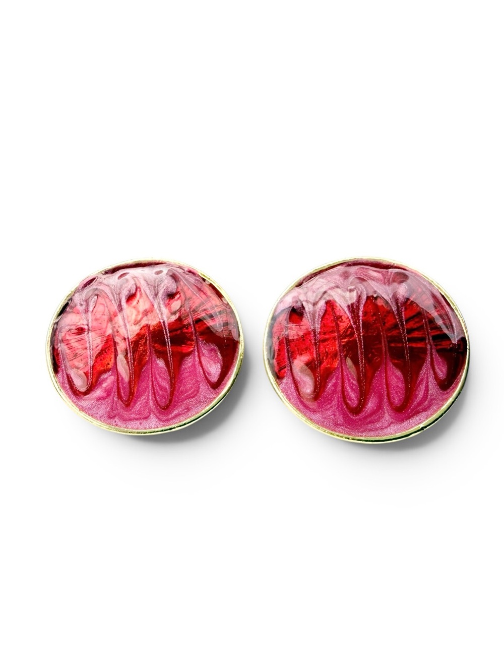 Vintage Pink Red Swirly Cold Enamel Gold tone Clip on Earrings.